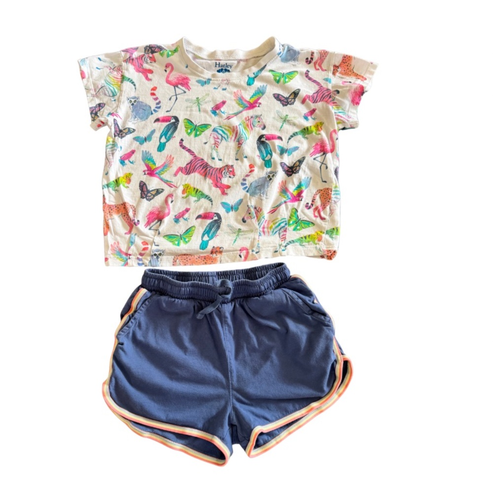 🦋 Hatley Jungle Animal Tee + Tea Collection Rainbow Trim Shorts Set Girls 8 🌈